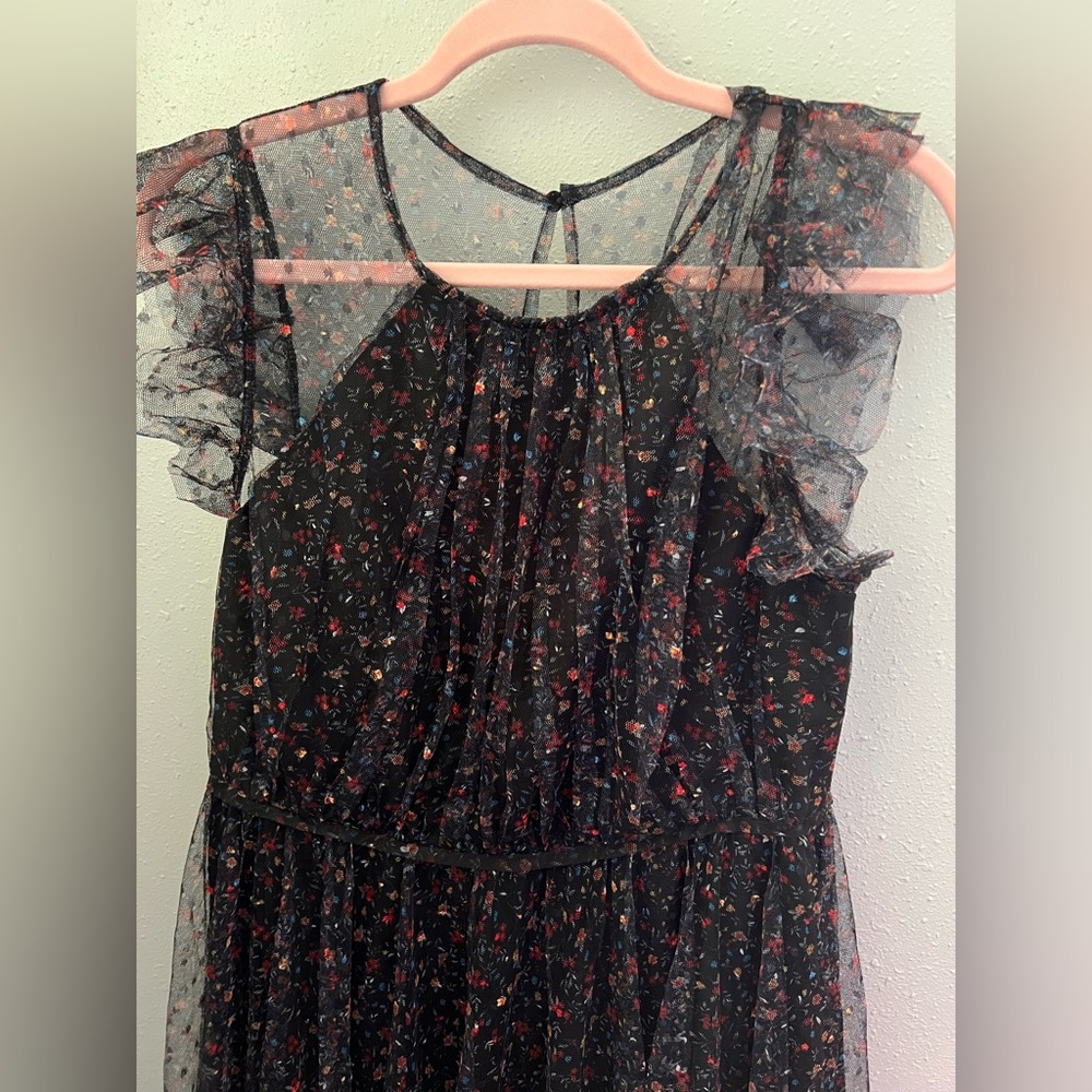 MELLODAY Flutter Sleeve Mesh Maxi Dress In Black Dot Floral New - Picture 12 of 13